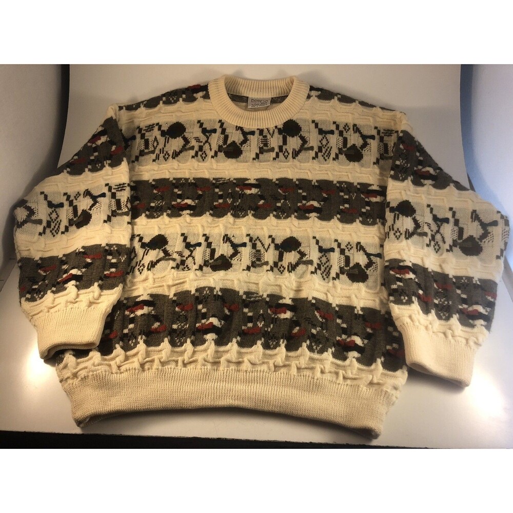 Vtg Carlo Alberto Cream Sweater 3D XL Pullover Crewneck 100% Pure Merino Wool